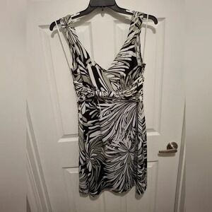 Jonathan Martin Small Black White Tan Print Sleeveless V-Neck A-Line Dress